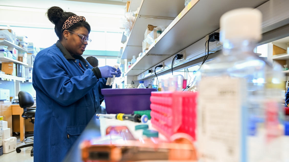Lab member working with equipment in the lab