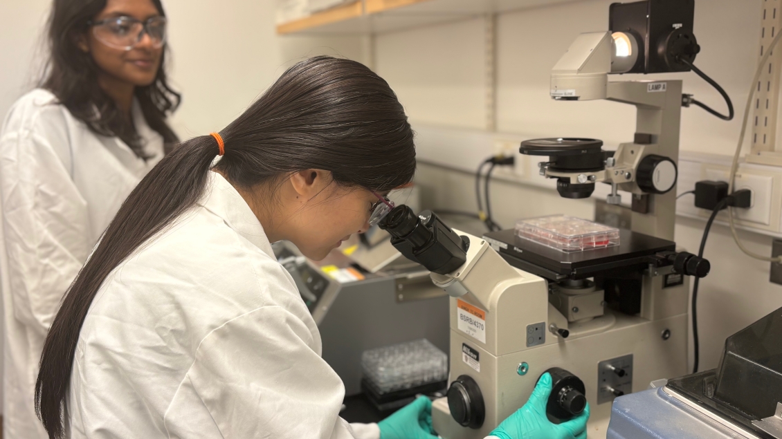 Female Dr. looking on a microscope