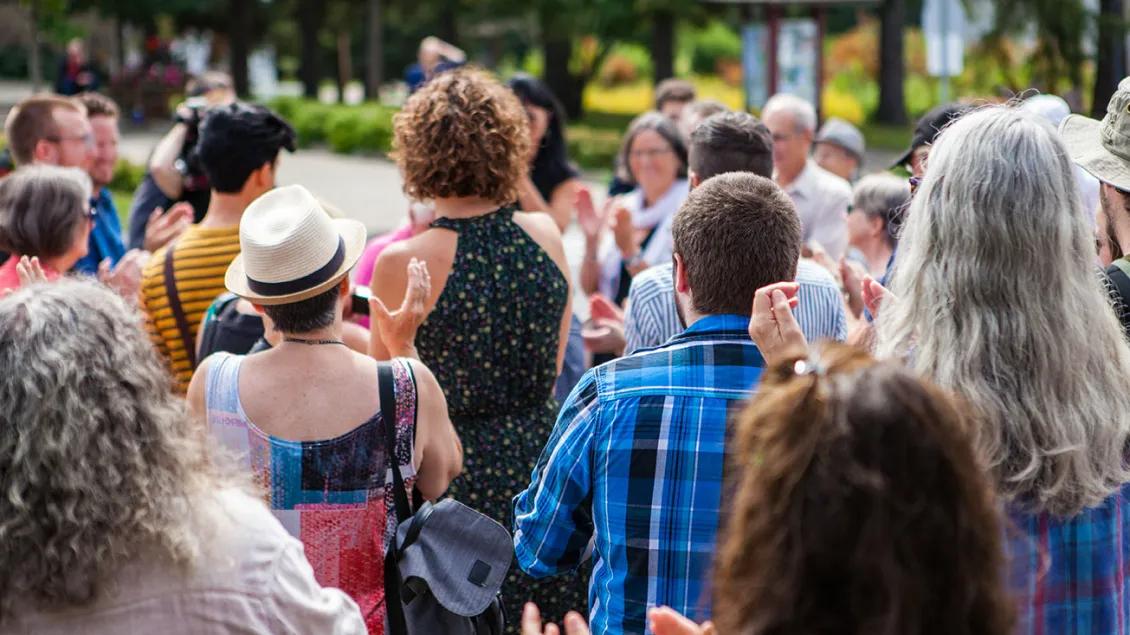 A group of people attend an event