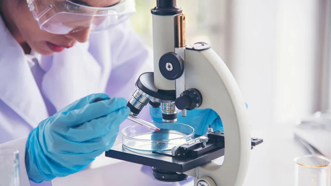 Woman uses a microscope