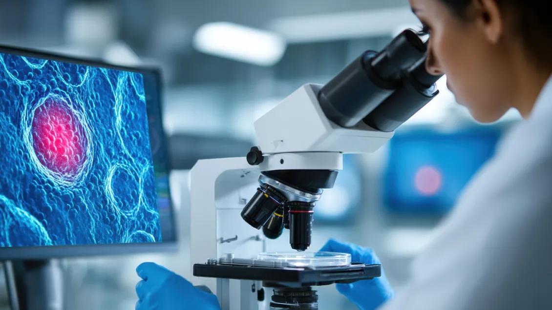 Mixed race woman uses a microscope