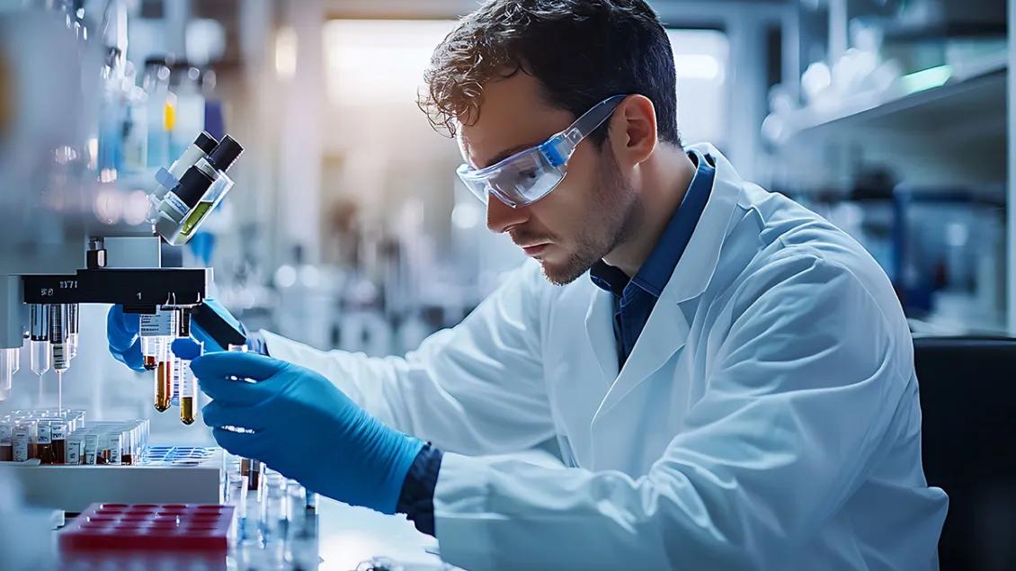 Young man sits at laboratory bench and works with samples