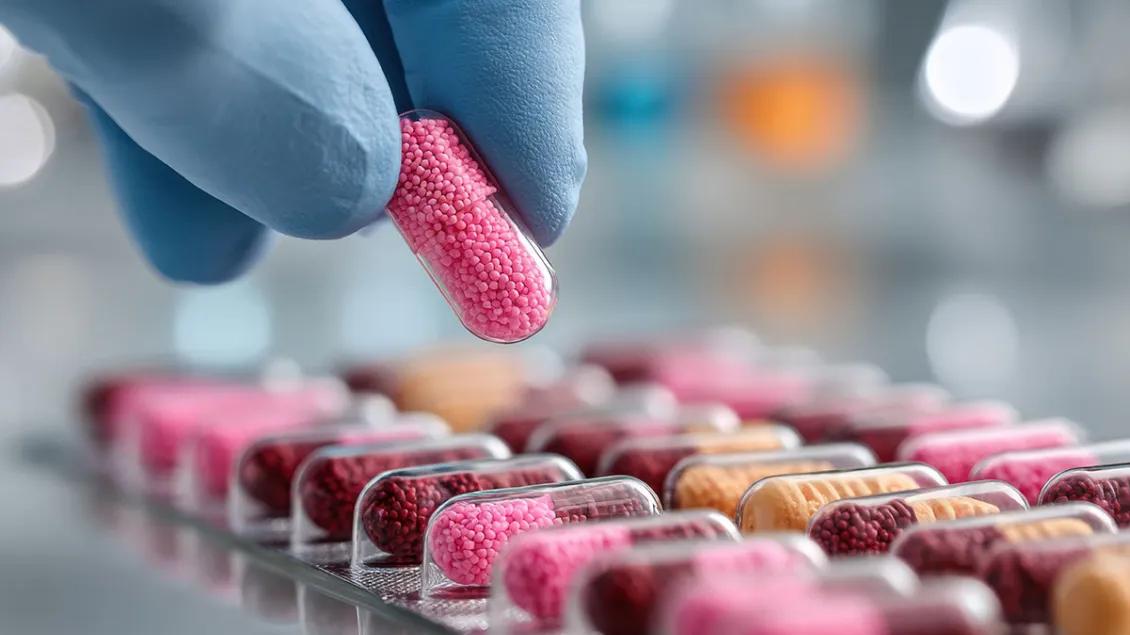 Gloved hand places pink colored capsules into a tray