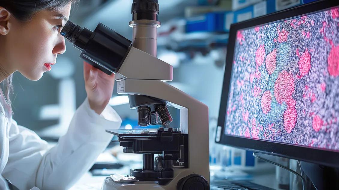 Asian woman looks through a scope with cells projected on a screen 