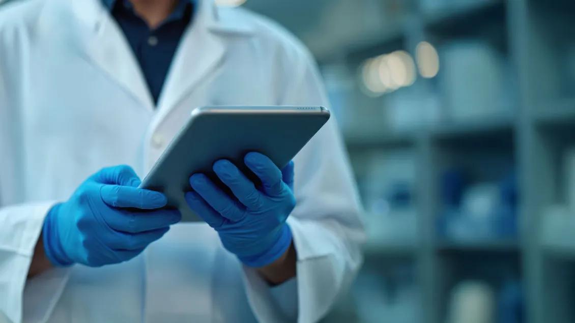Scientist with white coat and blue nitrile gloves reads a tablet
