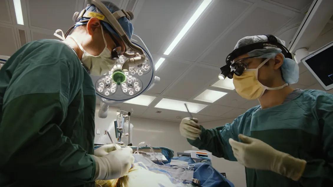Two surgeons wearing masks, gloves, and surgical gowns perform a procedure together in an operating room