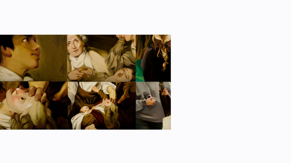Multi-panel painted composition showing fragmented scenes of people in muted gold and olive tones, including close-ups of faces, hands cradling heads, braided hair, and a small child held against an adult, conveying tension, care, and emotional complexity through expressive brushstrokes.