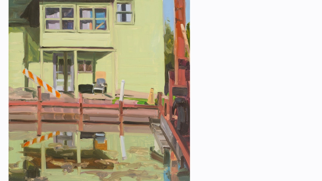 Painted view of a pale green building with large windows and a small porch, partially blocked by construction barriers and posts, reflected in still floodwater in the foreground, with loose brushstrokes capturing light, reflection, and quiet disruption.