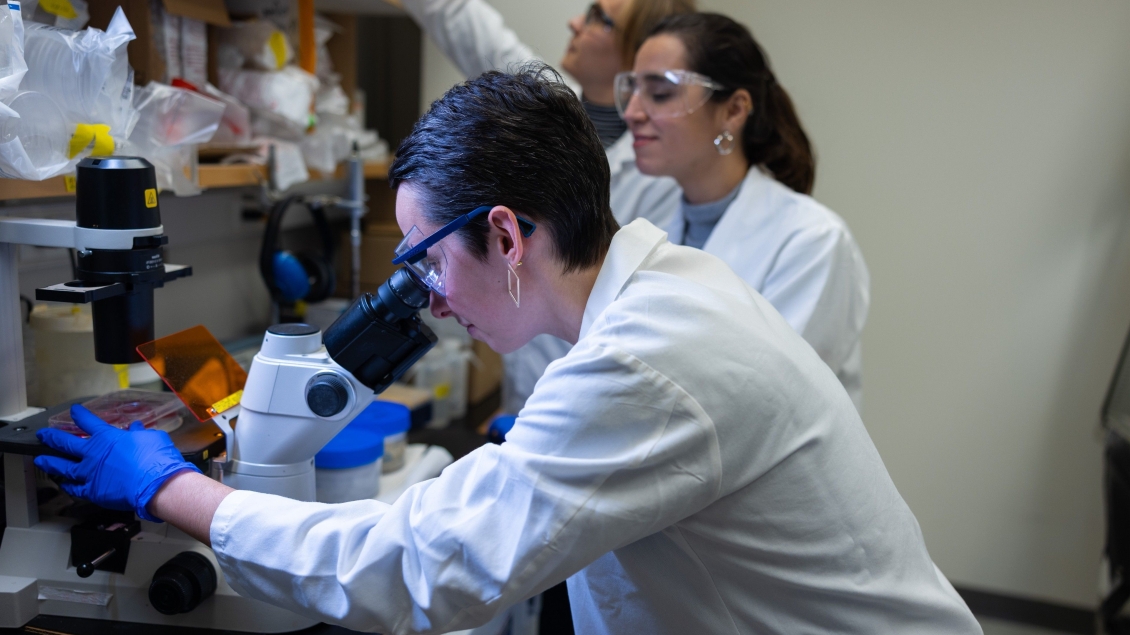 Hammer Lab members examining a sample with a microscope
