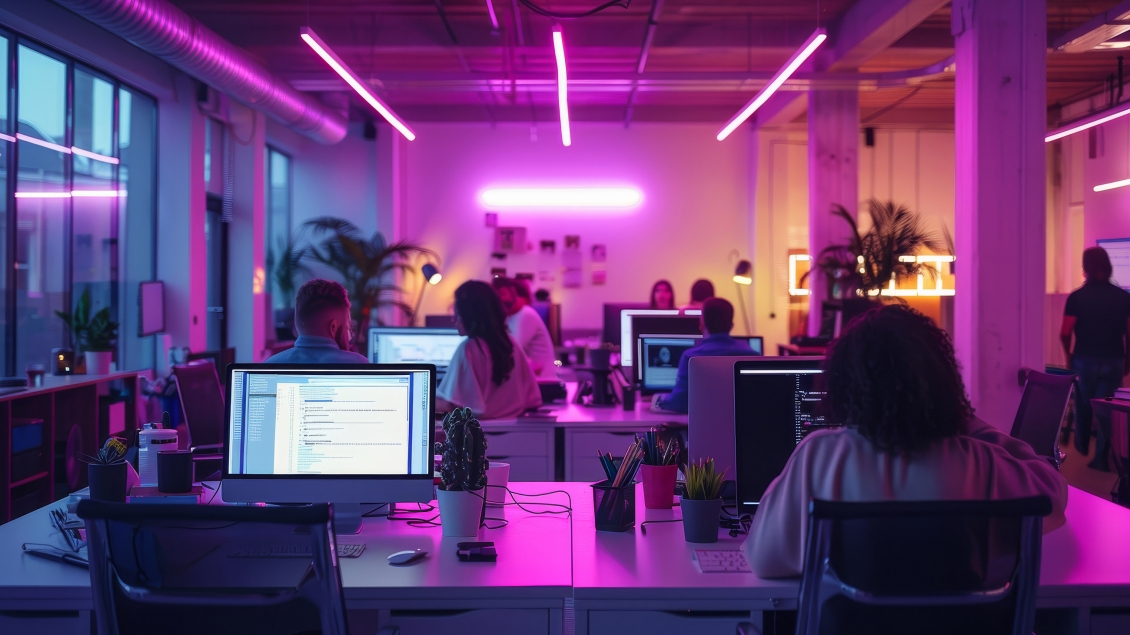 row of computer stations at office