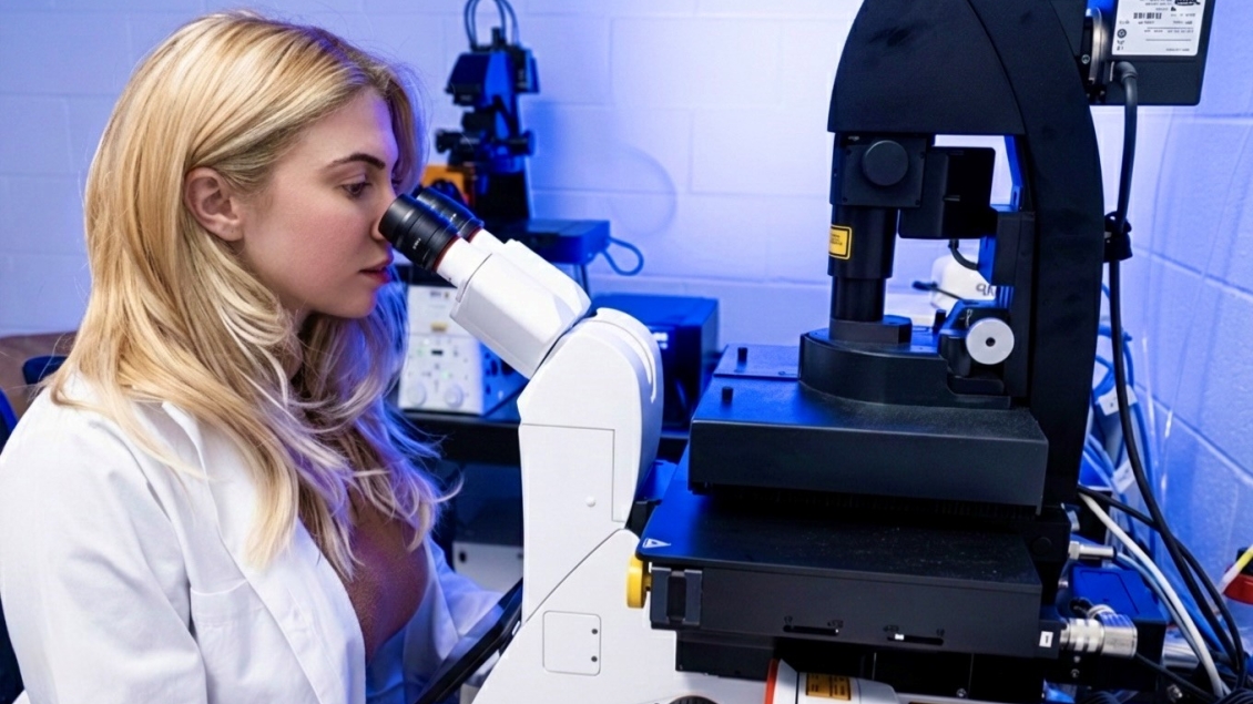 Scientist sitting on the microscope 