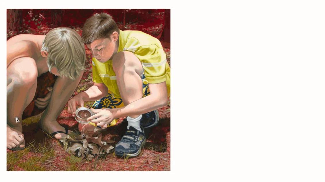 Painting of two boys using a magnifying glass over leaves to spark a fire