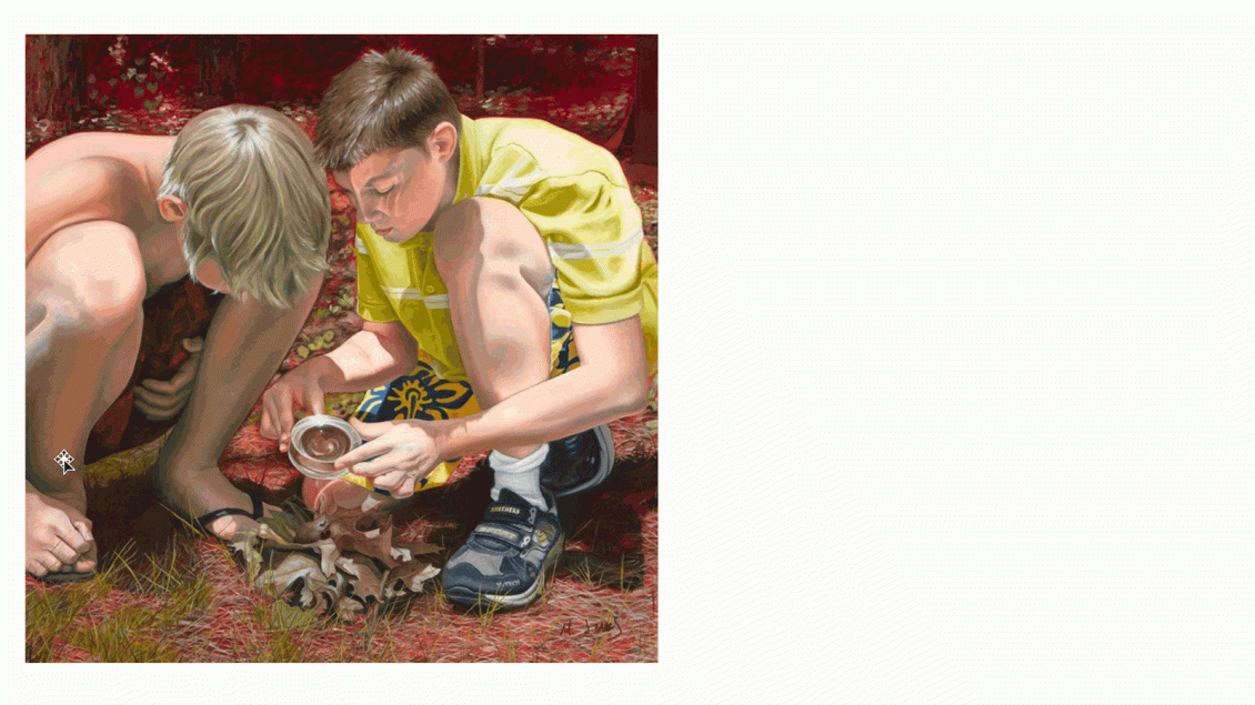 Painting of two boys using a magnifying glass over leaves to spark a fire