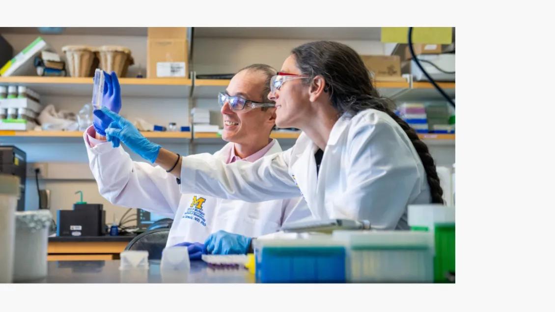 U-M's Dr. Sami Barmada and colleague looking at test tubes in lab