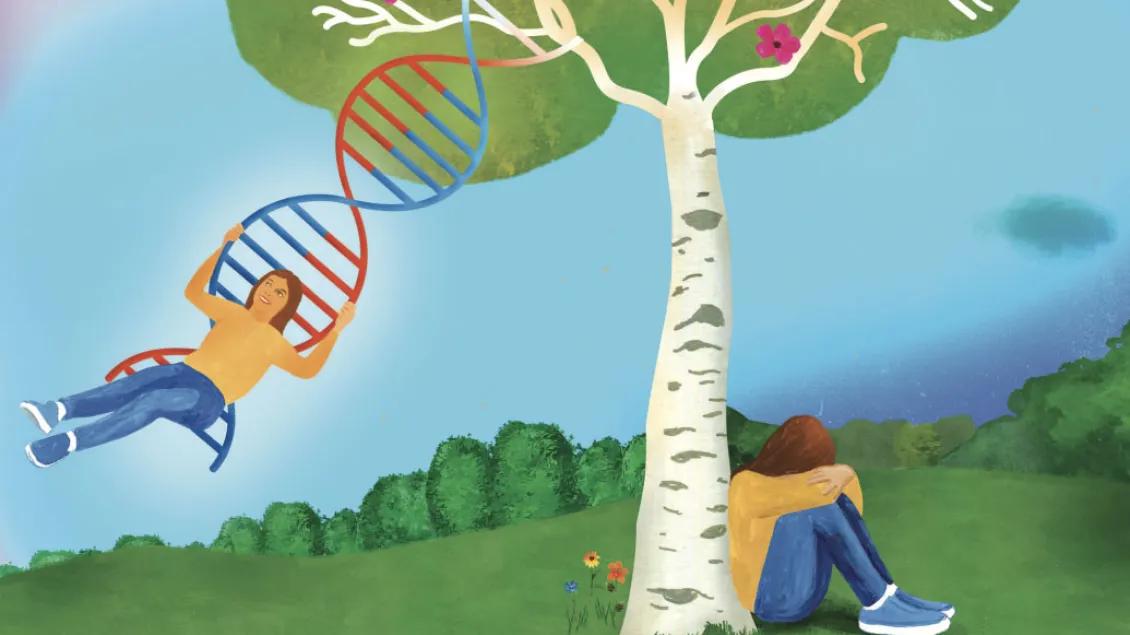 Illustration of a young person swinging on a tree with a swing that looks like a DNA strand. A second person sits with head down & back against the tree