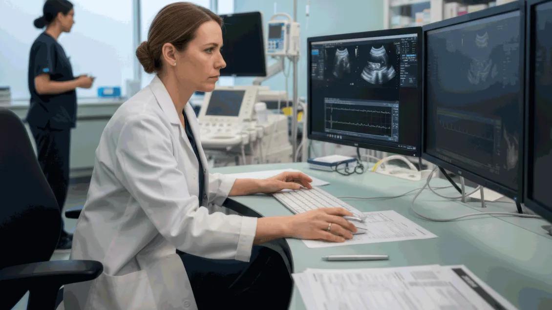 Scientist examines results on computer screen