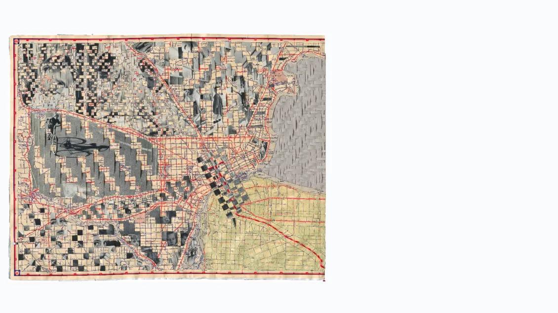 Schoolhouse: 1954, 2025; Paper - 1954 map of Metro Detroit, ephemera, acrylic medium; 18h x 23w inches
