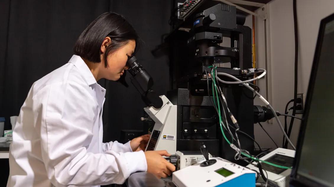scientist using a microscope