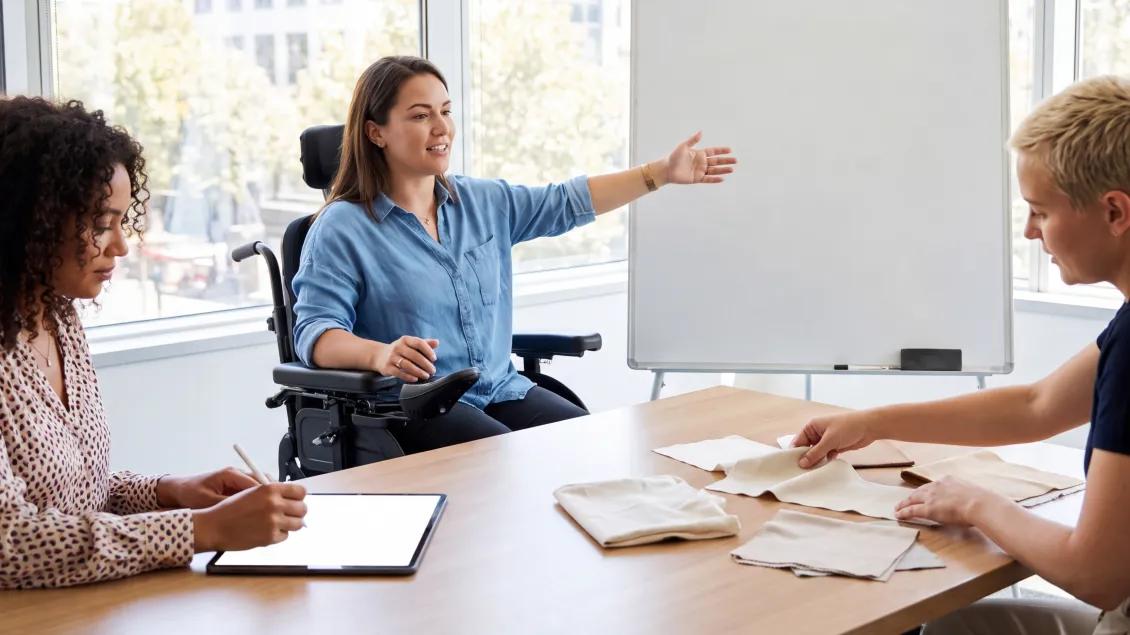 Three people collaborating around a table, including a woman using a power wheelchair who gestures toward a whiteboard.