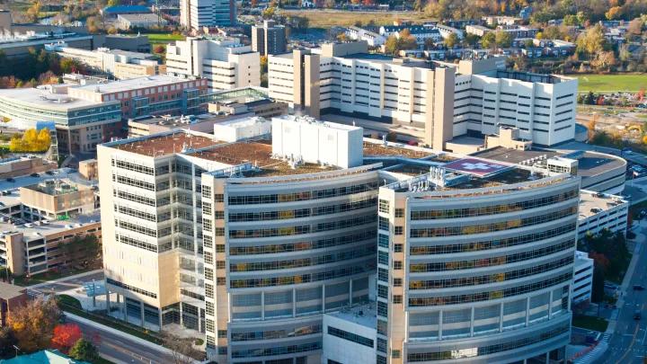 Aerial view of C.S. Mott Children's Hospital and Von Voigtlander Women's Hospital