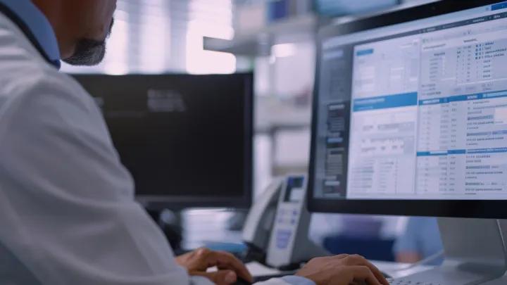 A doctor sits down at a computer with a patient reviewing their electronic health record together