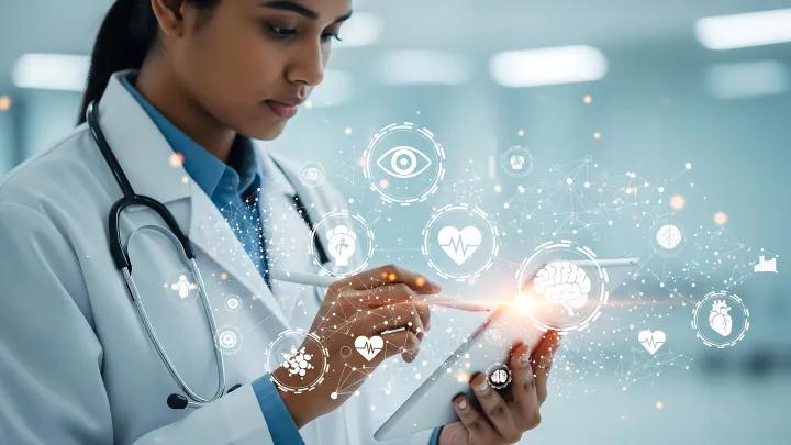 Female doctor using a tablet displaying medical icons modern