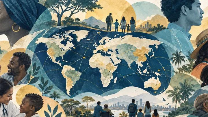 graphic illustration showing the world and many different kinds of people