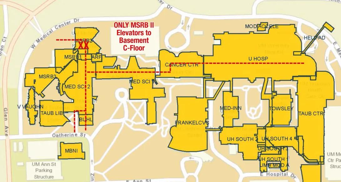 Blueprint map showing directions to BRCF through University Hospital