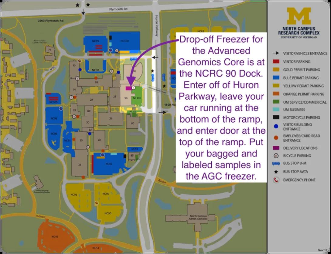 map of NCRC campus labeled with instructions to Dock