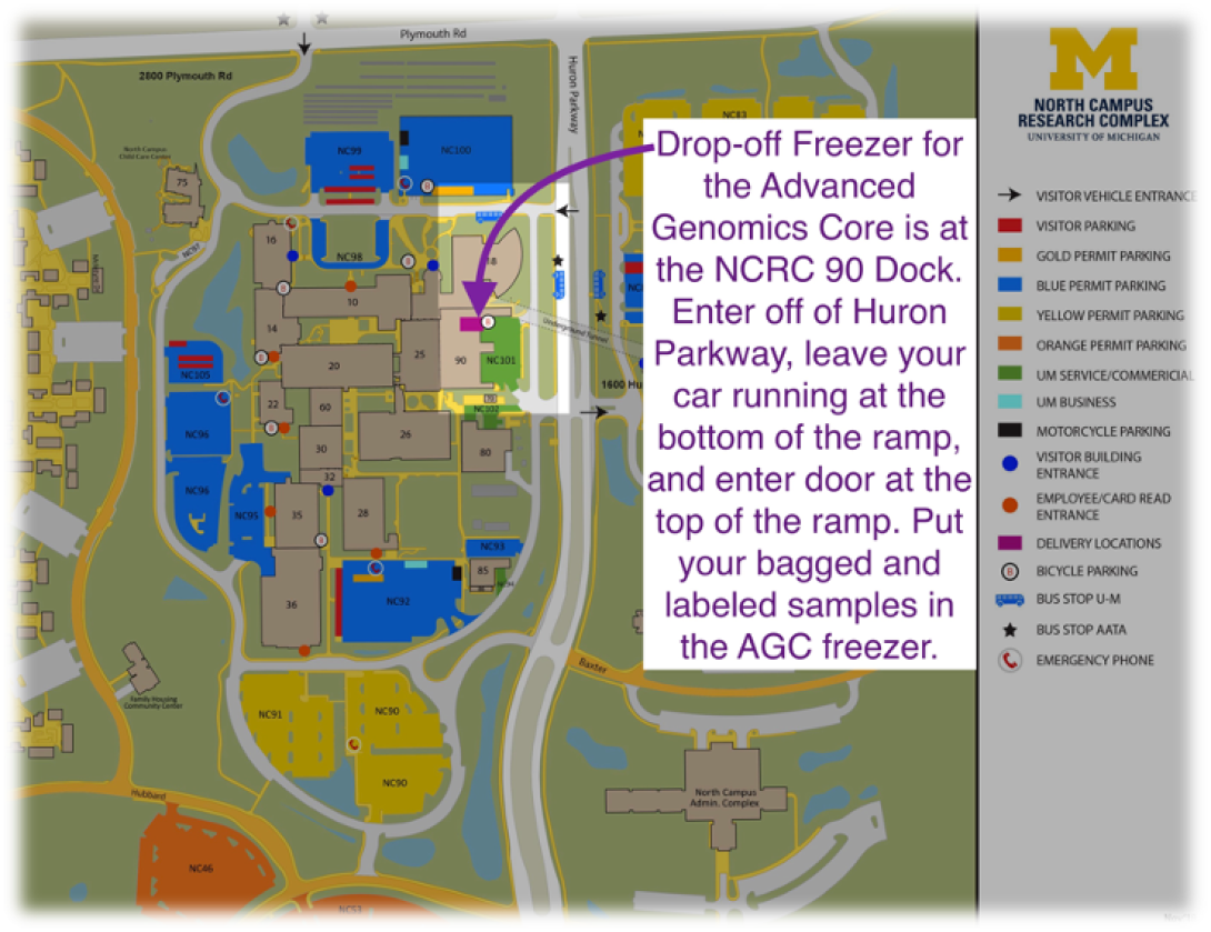 map of NCRC campus labeled with instructions to Dock