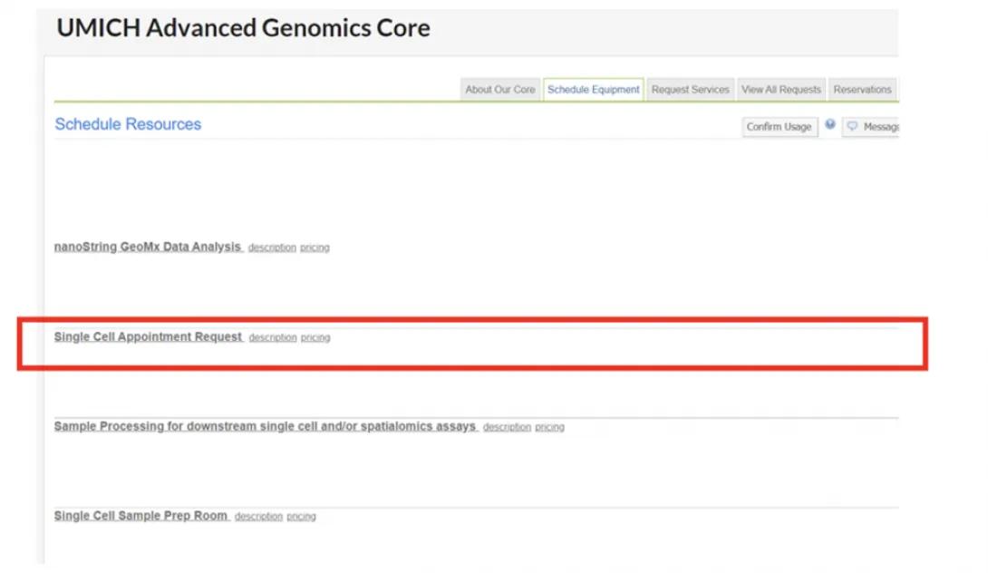 screenshot of options in MiCores, highlighting "Single Cell Appointment Request"