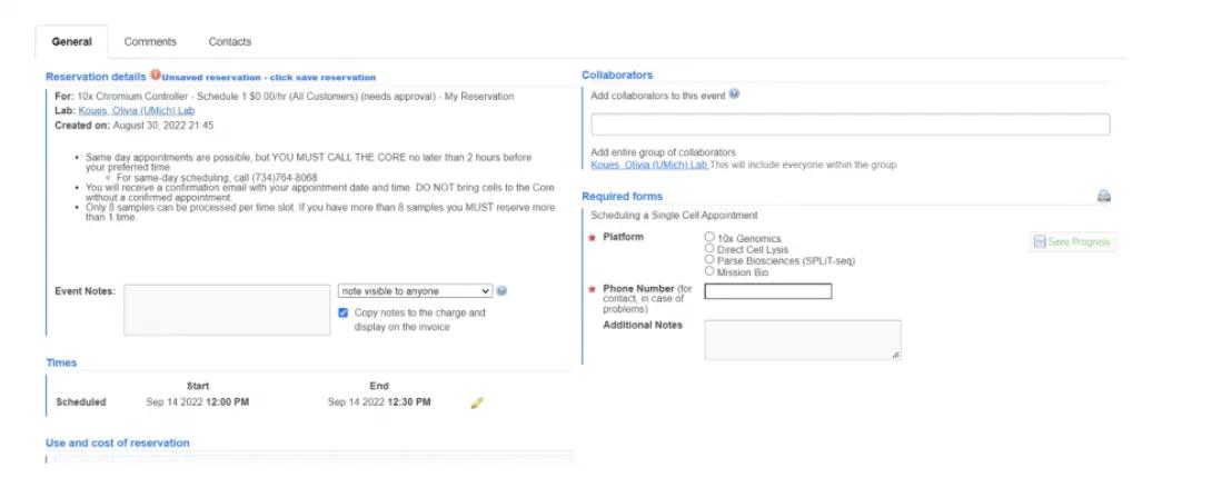screenshot of options in MiCores, highlighting appointment details