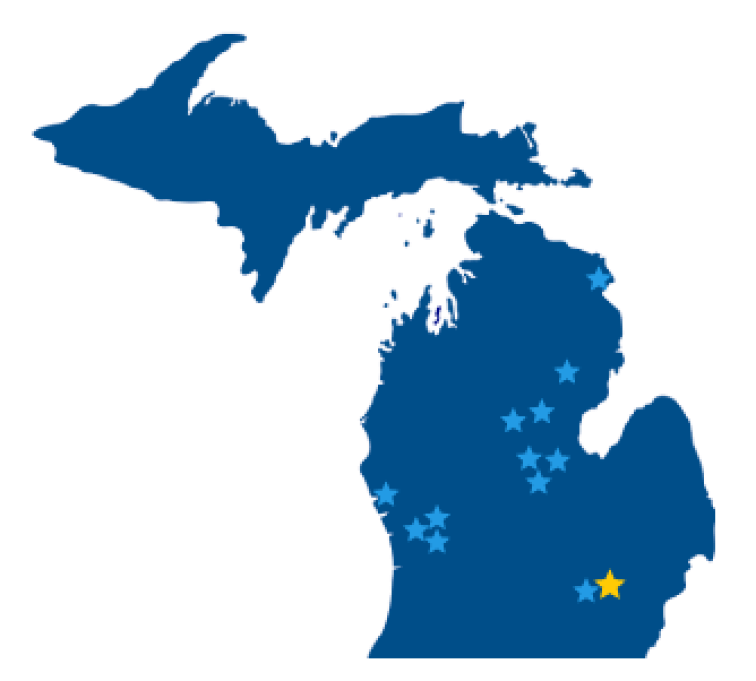 Blue map of Michigan with stars on various cities indicating off-campus research locations