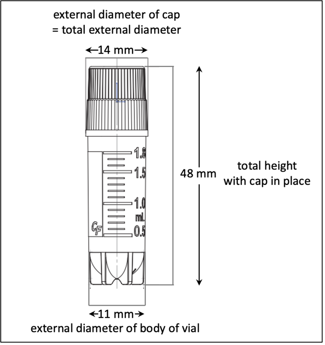 Diagram showing the size specifications of a cryovial for the CBR. 14mm cap diameter, 48mm height, and 11mm vial body