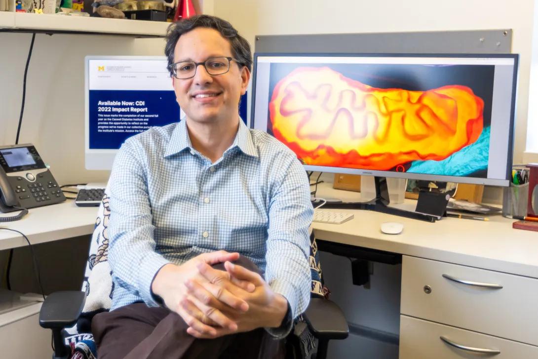 Scott Soleimanpour, M.D., sits in front of a computer screen picturing beta cells