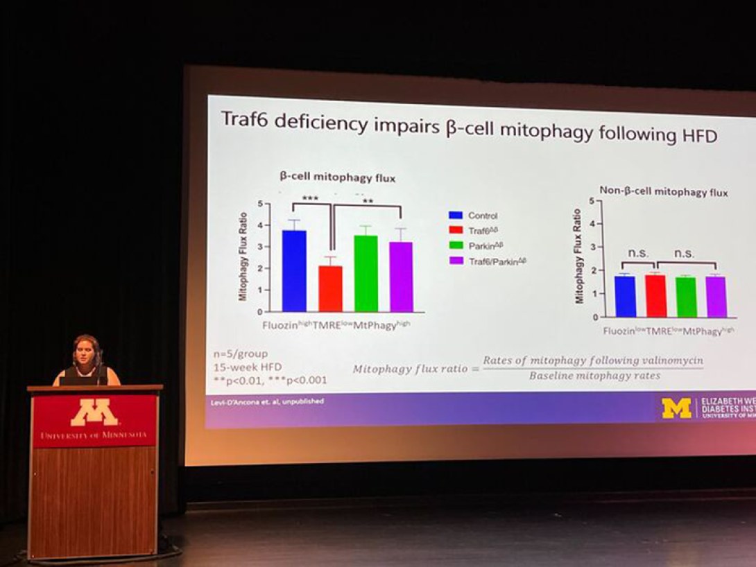 Presenter with the slide of a graph