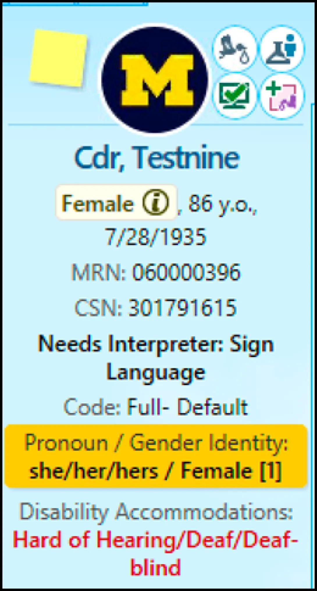 Example of The Disability and Accommodations Tab within the MiChart patient Storyboard. The image shows patient demographic information, indicates the patient needs a sign language interpreter, and indicates the patient requires disability accommodations