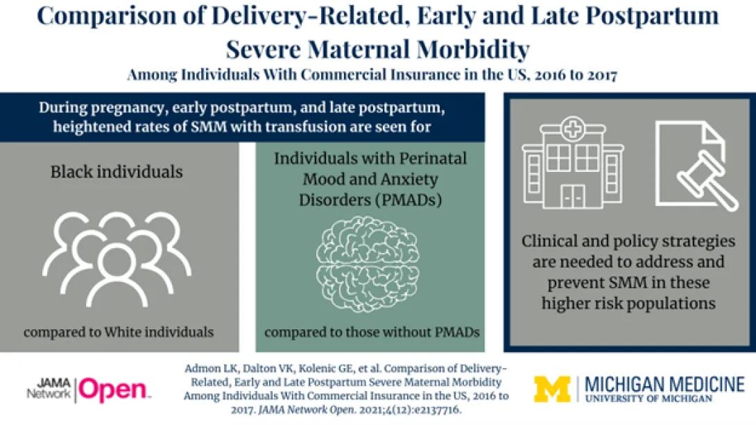 Comparison of severe maternal morbidity rates in Black individuals and those with PMADs versus others.