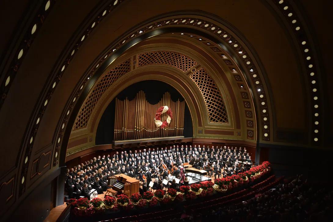 distant photo of UMS’s Choral Union and the Ann Arbor Symphony Orchestra