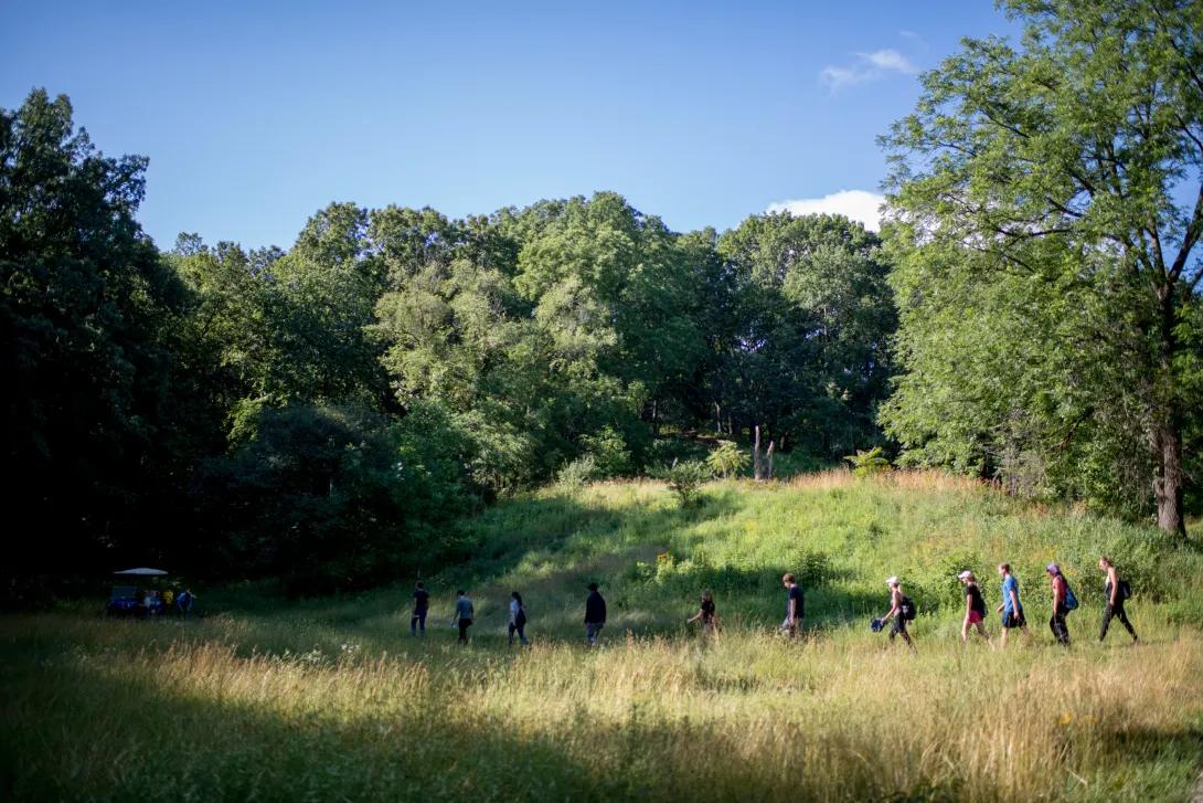 group of people walking in a line outdoors