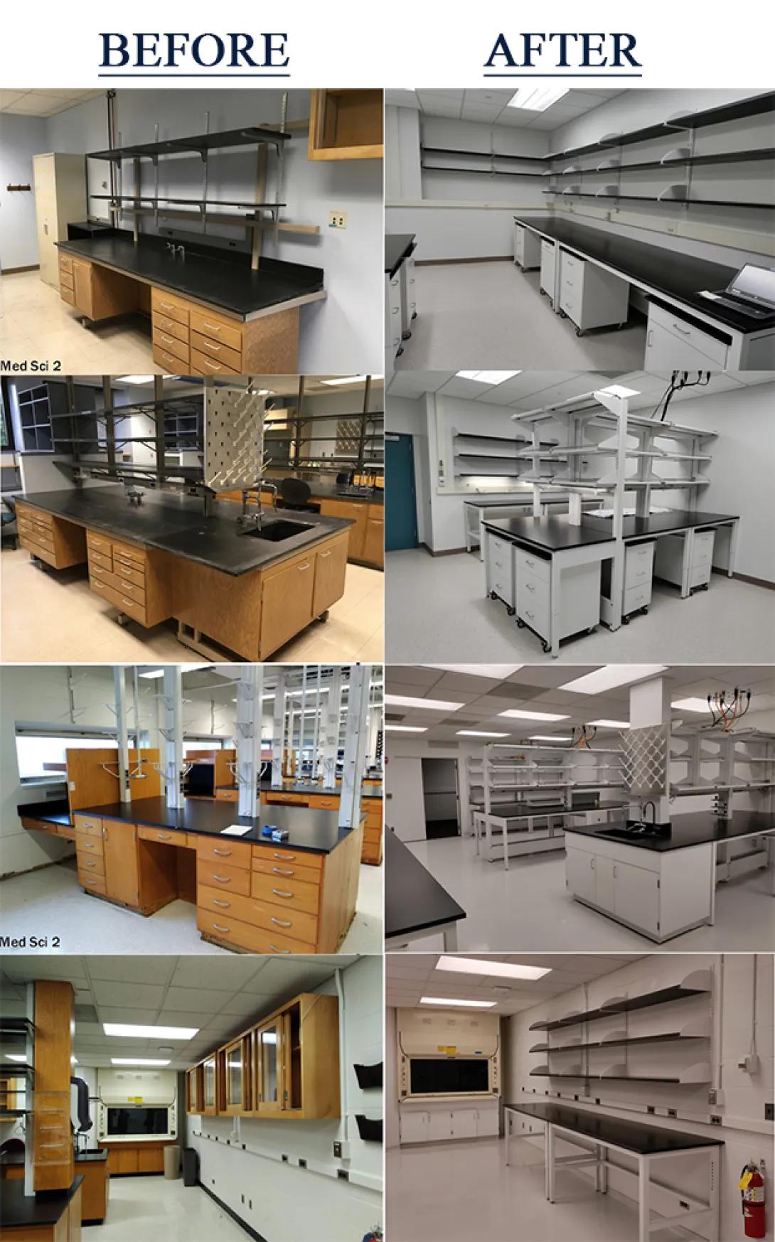 Multiple photos of before and after the lab renovation