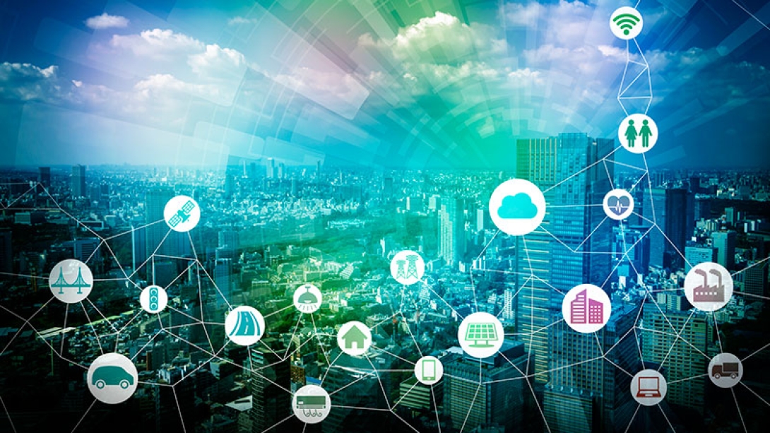 Graphic of city with rainbow beams of light leading to a variety of icons
