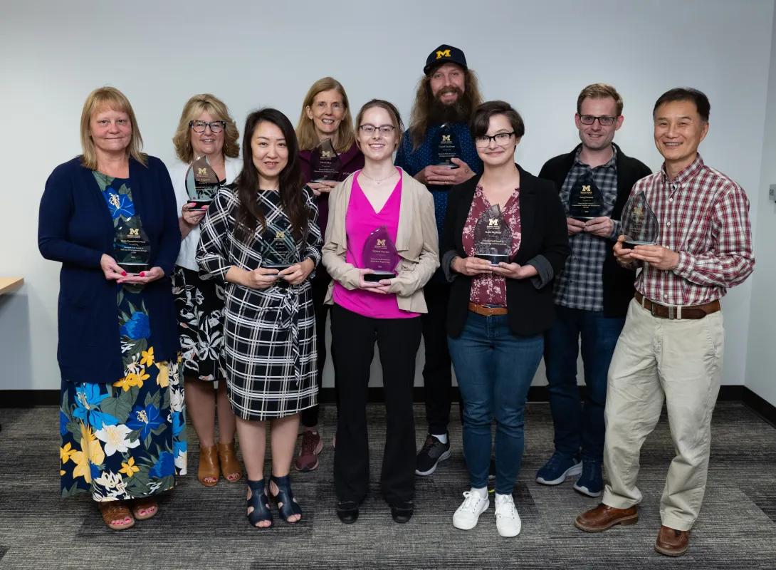 2025 EBS Research Staff Award recipients. Left to right: Becky Dresselhouse-Nauss, Lisa Ferguson, Bo Zhao, Jane Coffey, Miriam Stevens, Daniel Esckilsen, Katie McBride, Greg Farnum, and Young Park