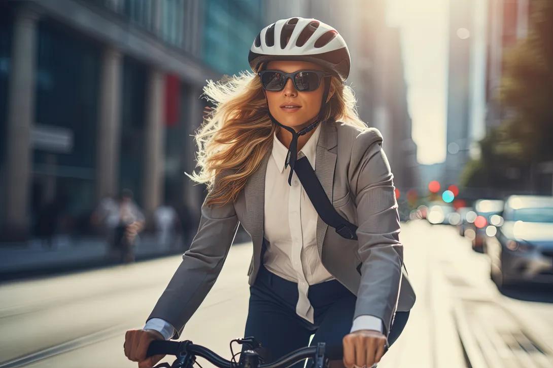 A women wearing a blazer, jeans and a white buttondown with a white bike helmet riding a bike in the city