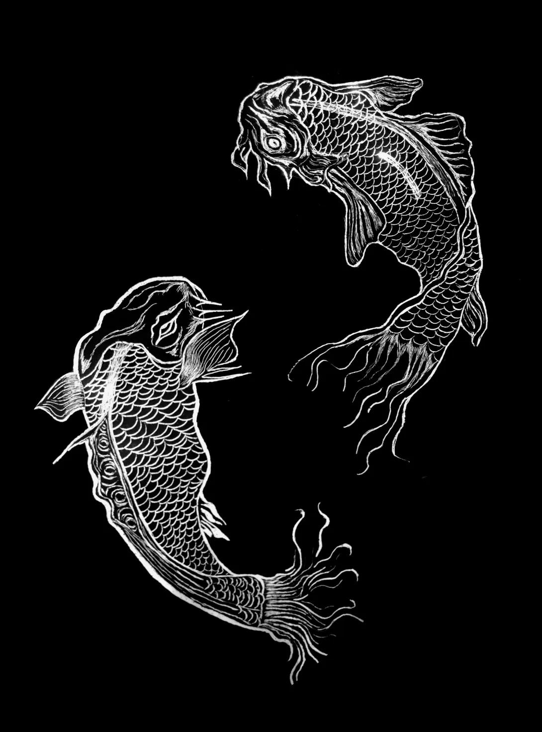Image of artwork of white outlines of two koi fish on a black background