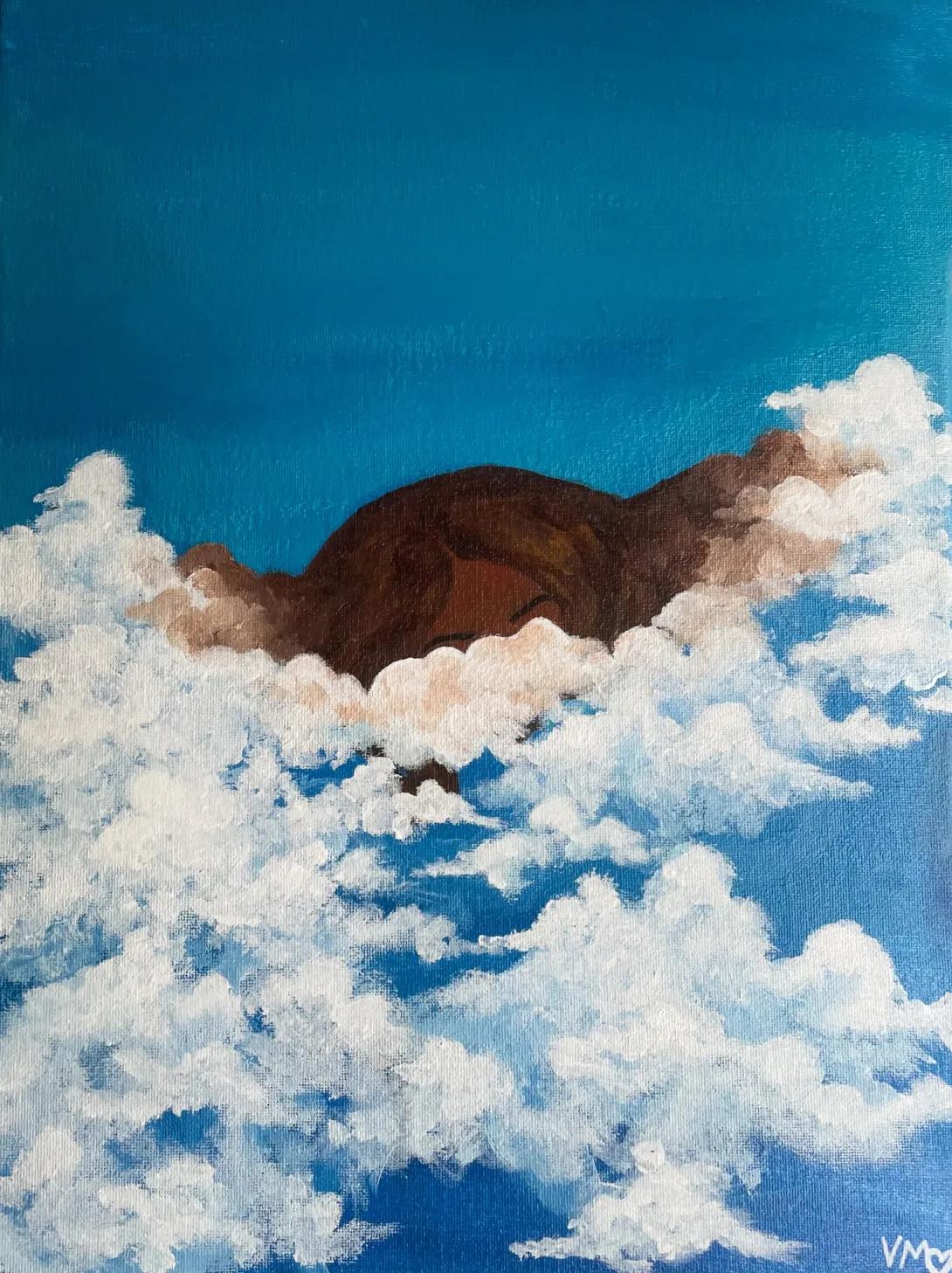 Painting of blue sky with dark colored subject in the middle of the painting in the clouds in the sky
