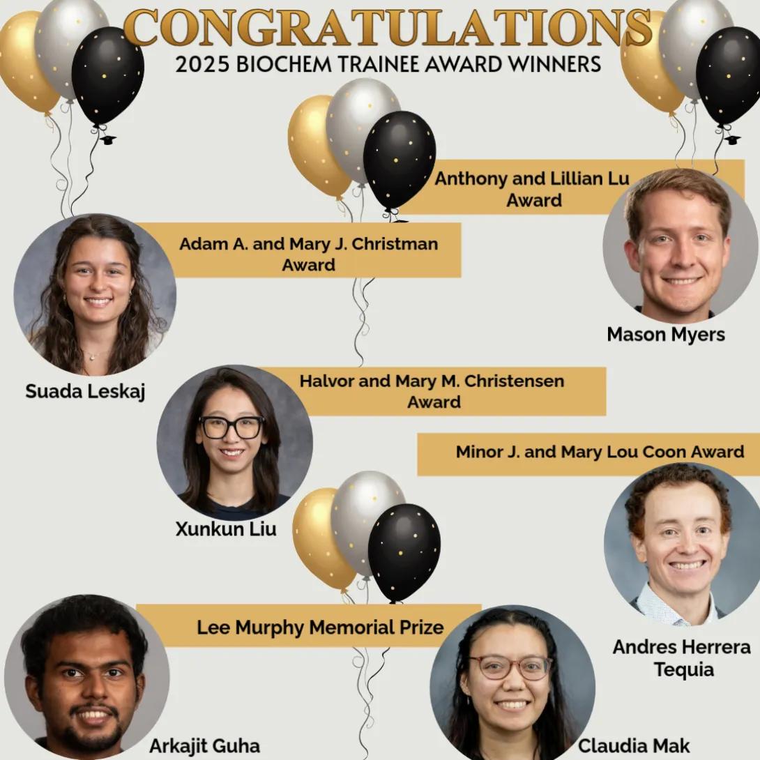 banner with balloons and photos of award winners