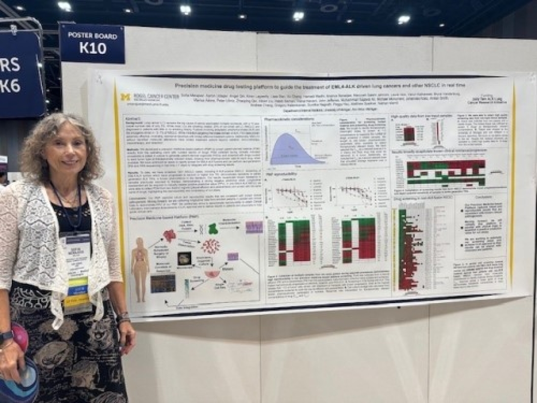 Dr. Sofia Merajver stands by the ALK Initiative poster 2024 ASCO Breakthrough abstract 215