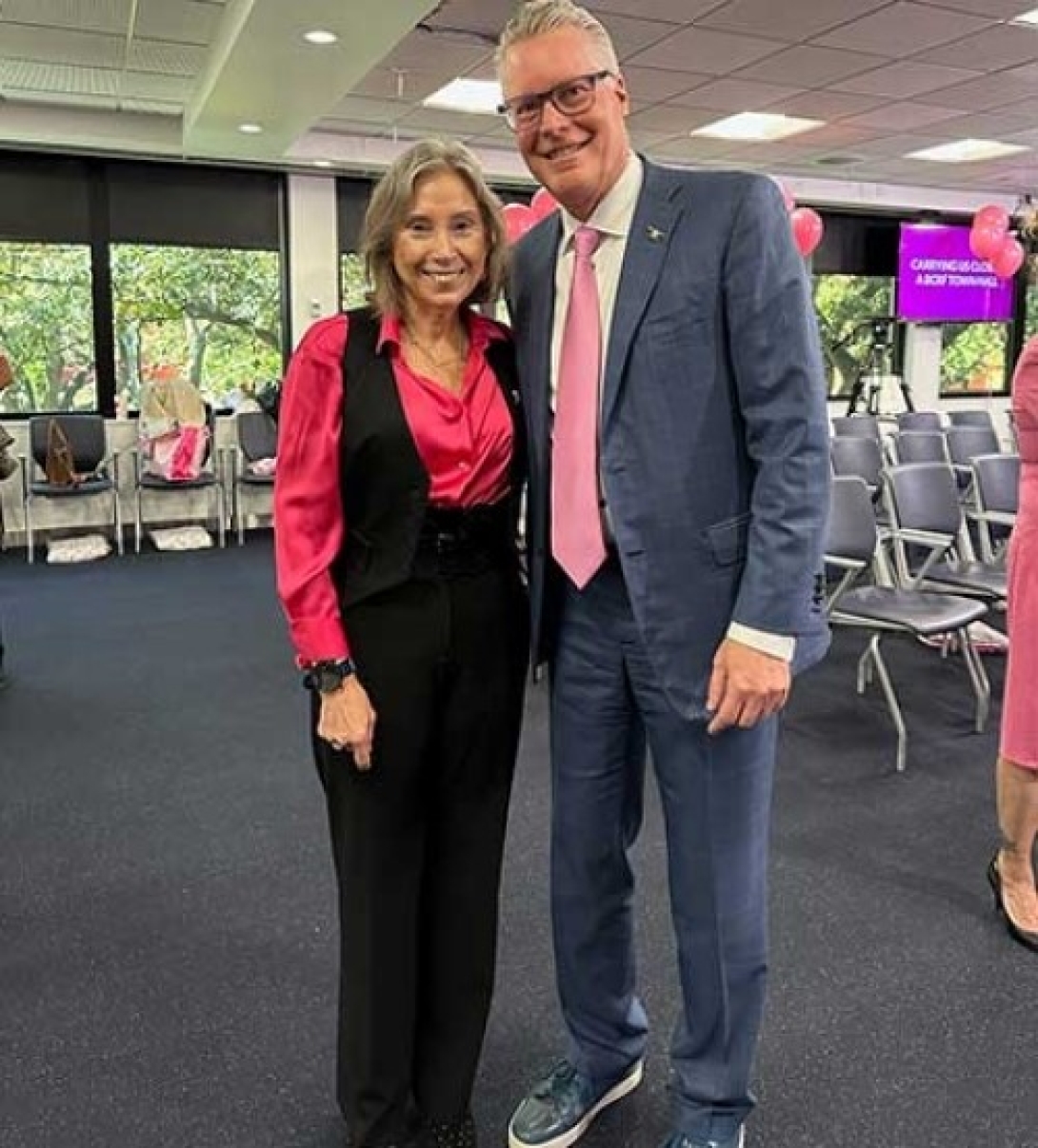  Dr. Sofia Merajver with Delta Airlines CEO Mr. Ed Bastian at the Delta-Breast Cancer Research Foundation Town Hall