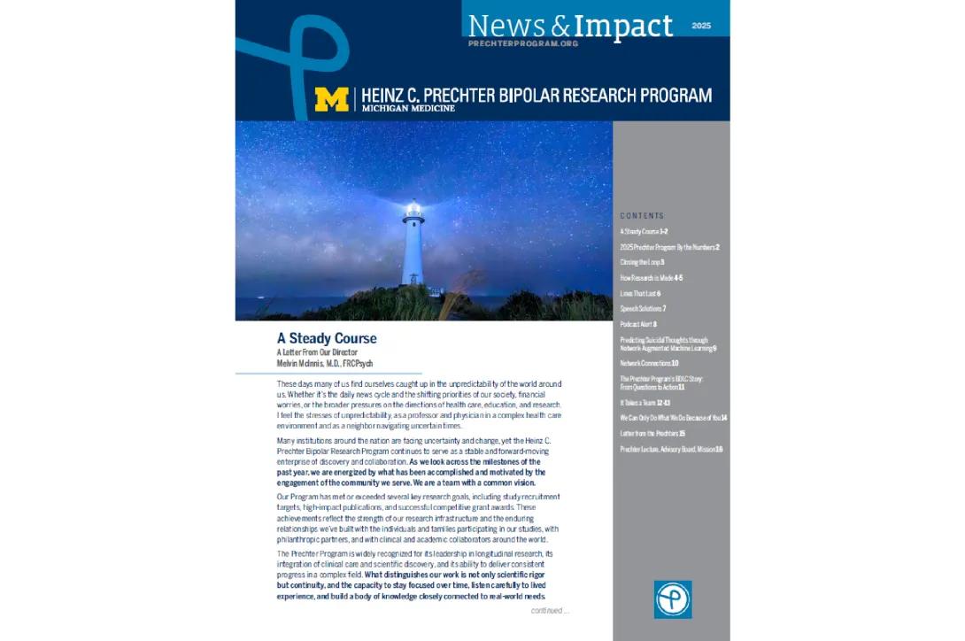 Page from the Heinz C. Prechter Bipolar Research Program's 'News & Impact 2025' publication. The top banner features the program name, Michigan Medicine block 'M' logo, and a blue stylized 'P' graphic. Below the header is a nighttime photo of a lighthouse shining under a starry sky. The right section contains a table of contents listing article titles and page numbers.